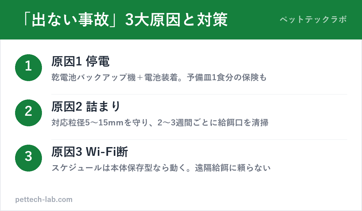 自動給餌器の「出ない事故」3大原因(停電・詰まり・Wi-Fi断)と対策の図解