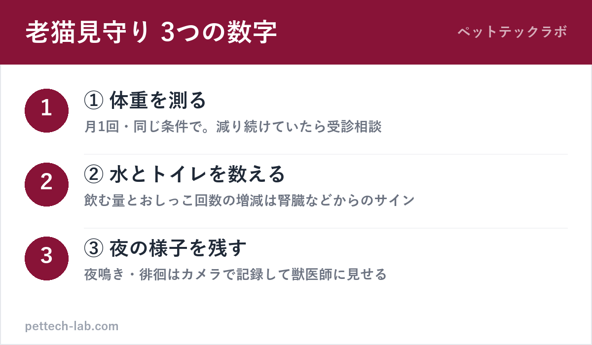 老猫の見守りで押さえる3つの数字（体重・水とトイレ・夜の様子）の図解